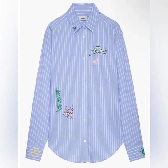 Zadig & Voltaire Tais Raye Tag Stripe Cotton Graphic Shirt - Picture 4 of 13